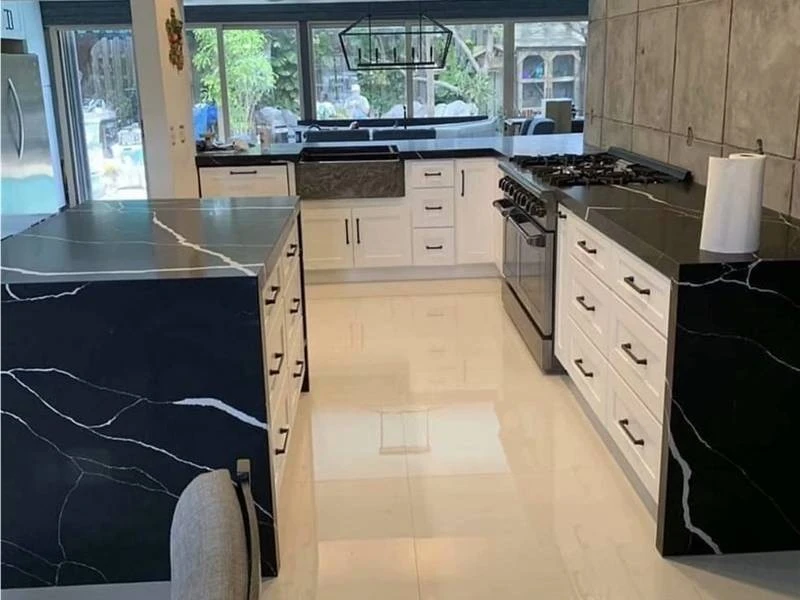 Black Quartz Countertops With White Veining